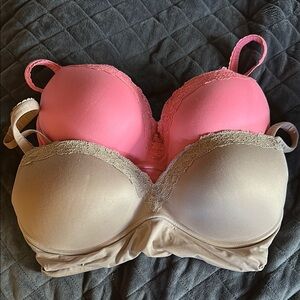 Lace Trimmed Pink and Tan Bras